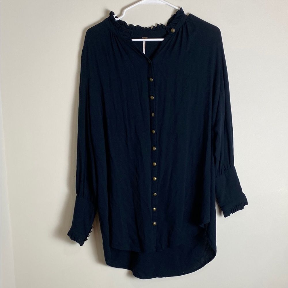 Free People Black Button Up Blouse Long Sleeved Shirt Size Small